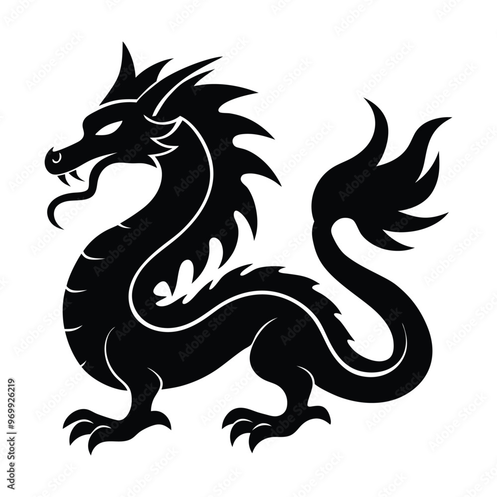 Obraz premium A black dragon with a white background, Dragon Black and White Illustration. isolated on white background