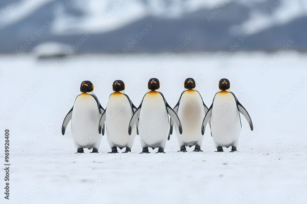 Obraz premium Group of Penguins Standing on Snowy Landscape, Antarctic Wildlife and Natural Habitat