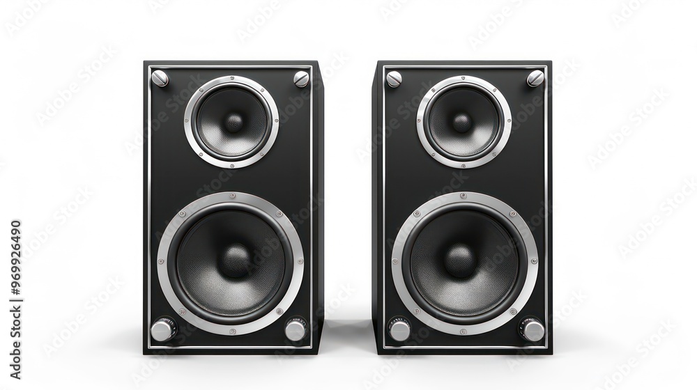 Two black speakers with silver accents on a white background. Two black speakers with silver accents on a white background.