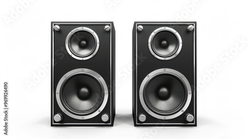 Two black speakers with silver accents on a white background.