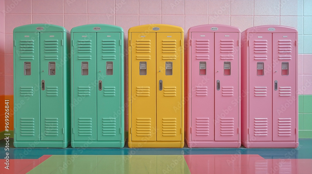 Row of high school lockers in a hallway, styled in pastel pink, green, and yellow tones Row of high school lockers in a hallway, styled in pastel pink, green, and yellow tones