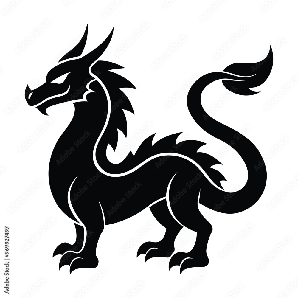 A black dragon with a white background, Dragon Black and White Illustration. isolated on white background A black dragon with a white background, Dragon Black and White Illustration. isolated on white background