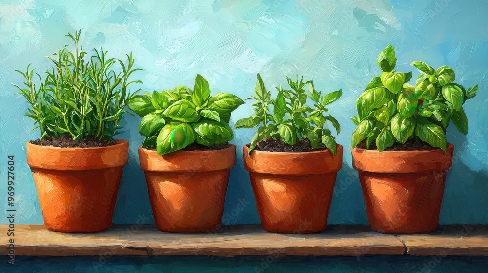 Organic herb garden, pots with fresh basil, mint, and rosemary, D illustration