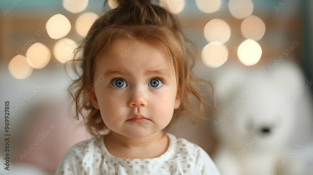 Tired Infant Girl Cries Double Bed Against Depr Tired Infant Girl Cries Double Bed Against Depr