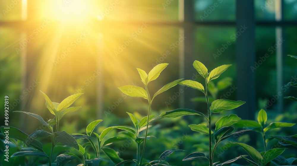 The sun shines through the large windows of a greenhouse The sun shines through the large windows of a greenhouse