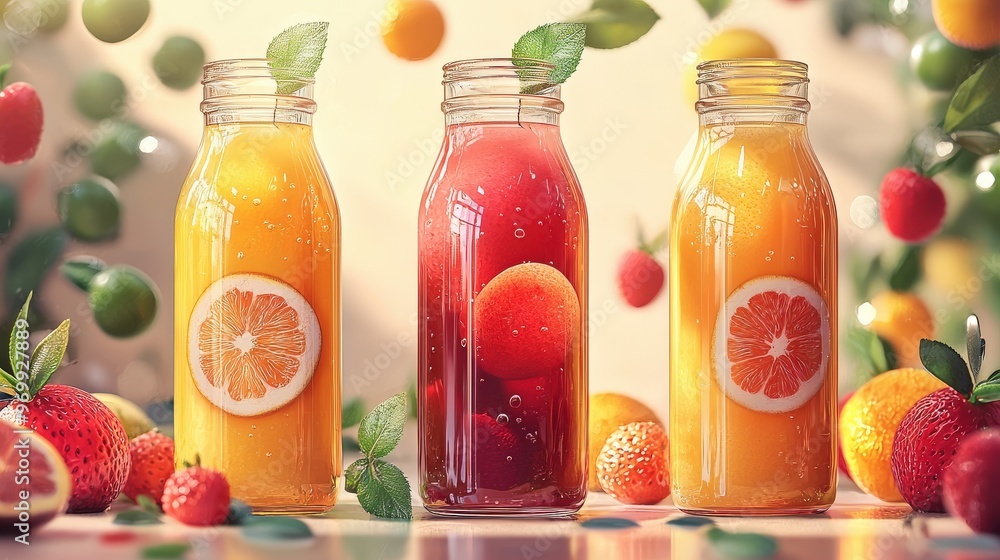 Organic juice bottles, made from fresh fruits, D illustration Organic juice bottles, made from fresh fruits, D illustration