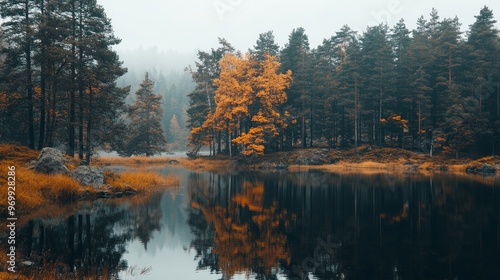 Tranquil autumn landscape featuring a vibrant evergreen forest beside a serene, reflective lake