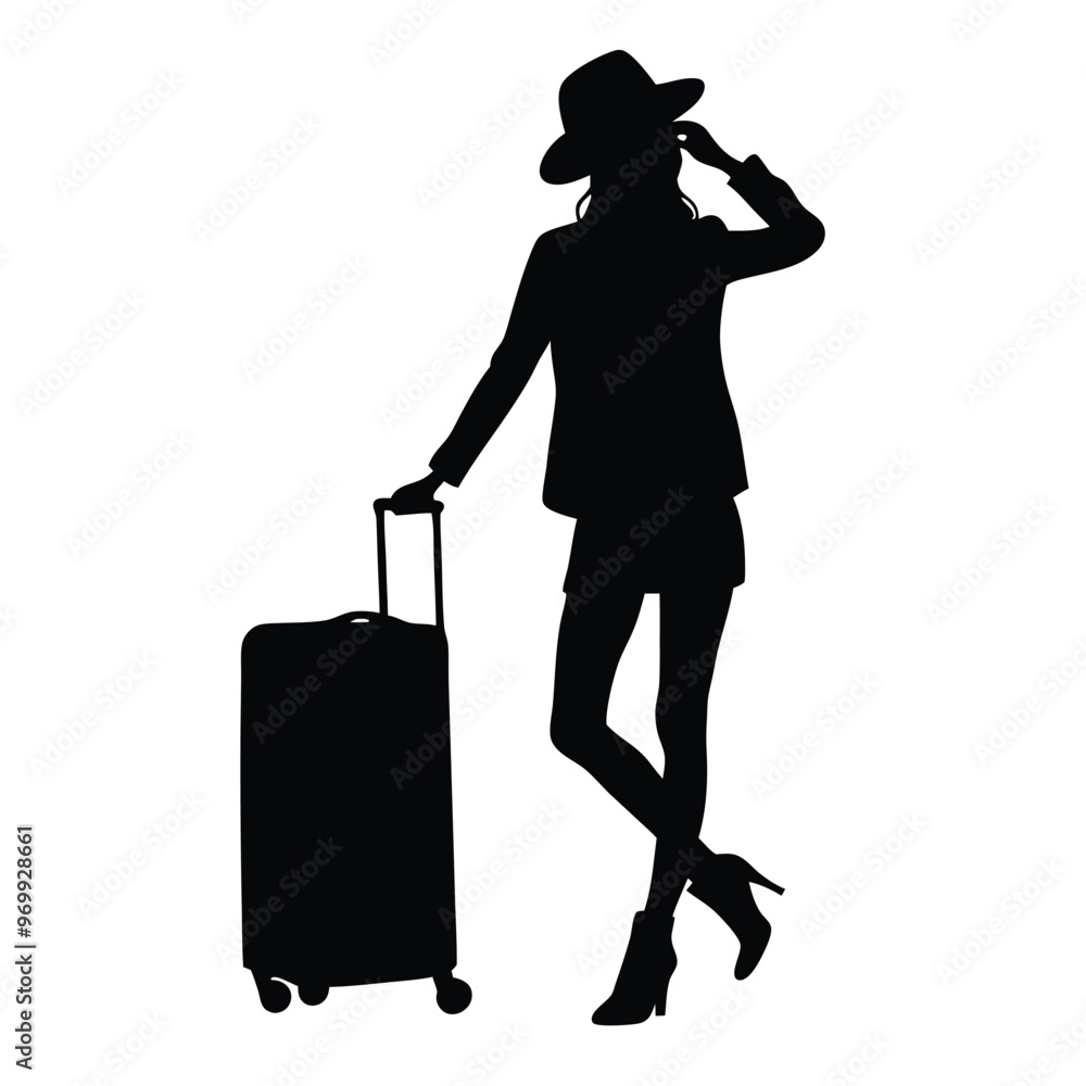 a woman walking with a suitcase. She is wearing a hat, a jacket, and high heels vector silhouette a woman walking with a suitcase. She is wearing a hat, a jacket, and high heels vector silhouette