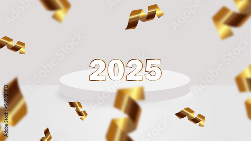 3d white podium background with falling gold color confetti. 2025, New Year Stage platform.Pedestal floor.	 photo