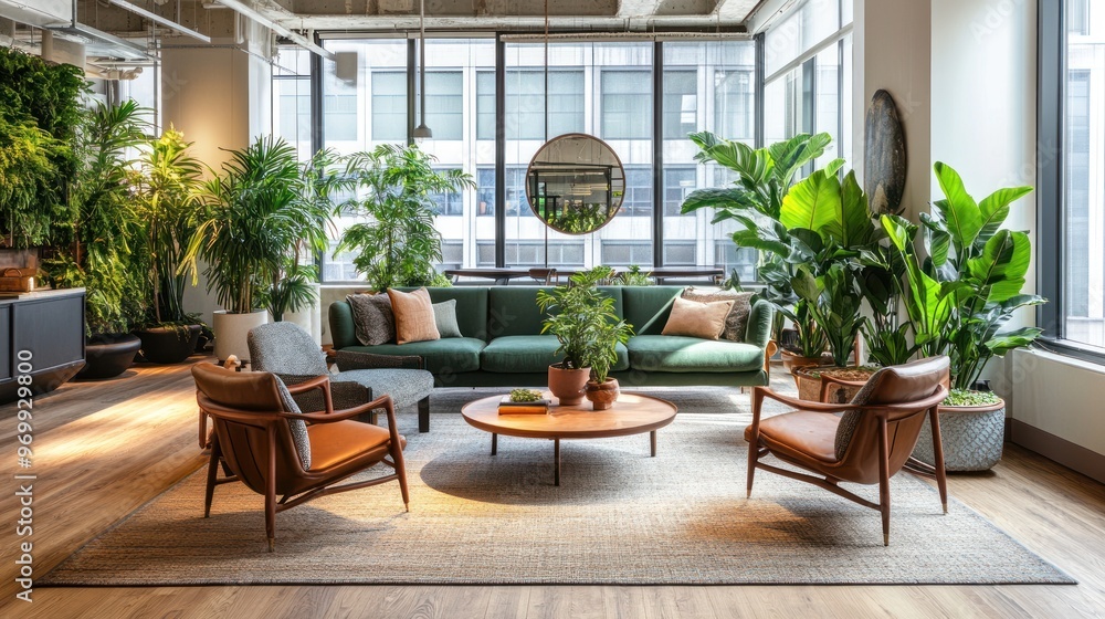 Modern Office Lounge with Green Sofa, Two Chairs, and Abundant Plants Modern Office Lounge with Green Sofa, Two Chairs, and Abundant Plants