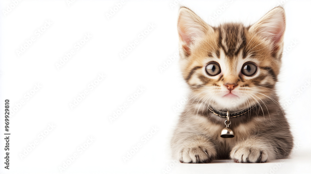 Adorable tabby kitten with bright eyes, wearing a collar with a bell, sitting against a white background. Adorable tabby kitten with bright eyes, wearing a collar with a bell, sitting against a white background.