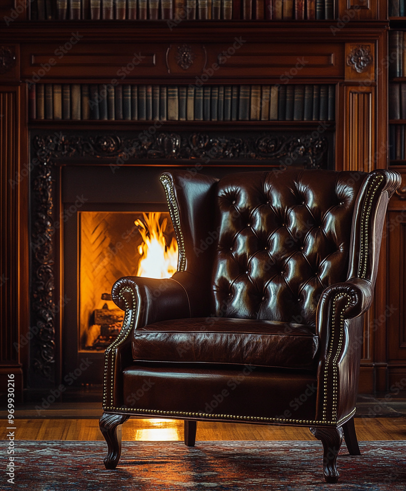 Naklejka premium Classic wingback chair, dark brown leather, with tufted back and brass nailhead trim