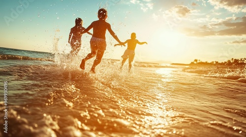 Running, water splash and happy family at beach with fun, bonding or freedom on summer, vacation and holiday. Travel, energy or kids with parents at ocean for adventure, journey or games in Florida