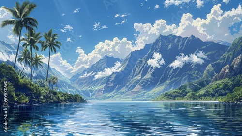 Breathtaking tropical paradise with mountains and serene water under a clear blue sky