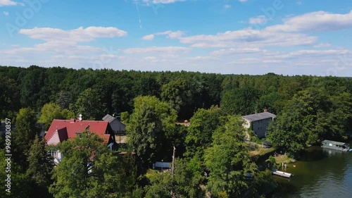 Footage of drone flight over a lake,  houses and forest in Brandenburg, Germany photo