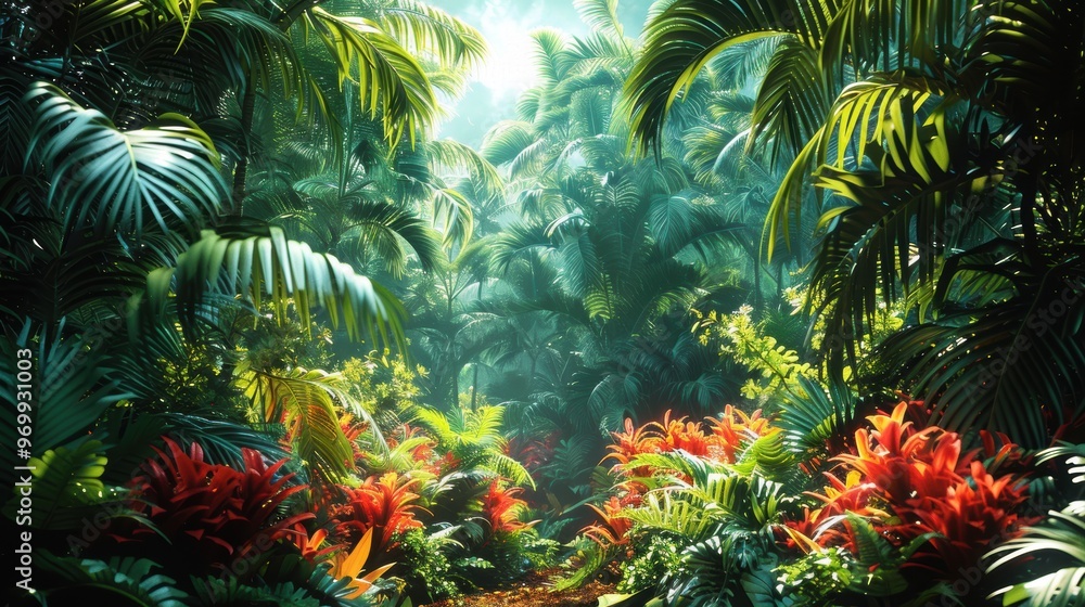 Lush tropical paradise with vibrant foliage and sunlight filtering through dense jungle canopy Lush tropical paradise with vibrant foliage and sunlight filtering through dense jungle canopy