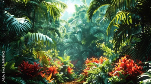 Lush tropical paradise with vibrant foliage and sunlight filtering through dense jungle canopy