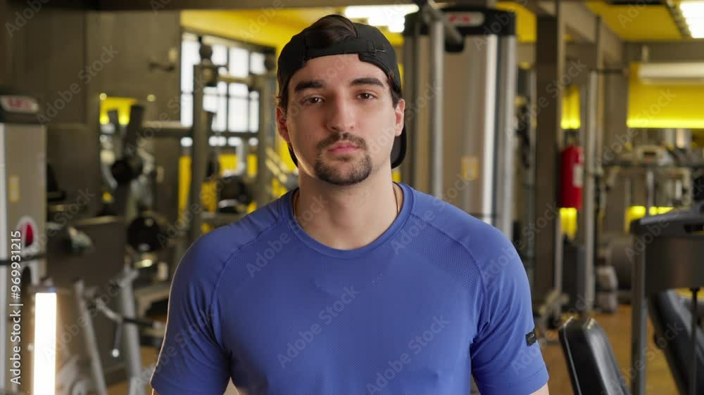 Portrait of a Man in a Gym. Focused Gym-Goer in a Blue Shirt Looking Intently at the Camera, Set in a Modern Fitness Environment Portrait of a Man in a Gym. Focused Gym-Goer in a Blue Shirt Looking Intently at the Camera, Set in a Modern Fitness Environment