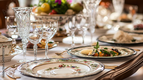 Illustrate a sophisticated dining experience with a beautifully set table, fine china, crystal glassware, and gourmet food. Focus on the elegance and artistry of the dining presentation.