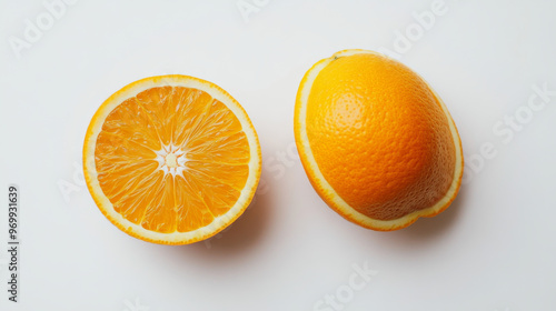 Oranges, whole and cut in half, are shown against a white background. They're a good source of vitamin C.