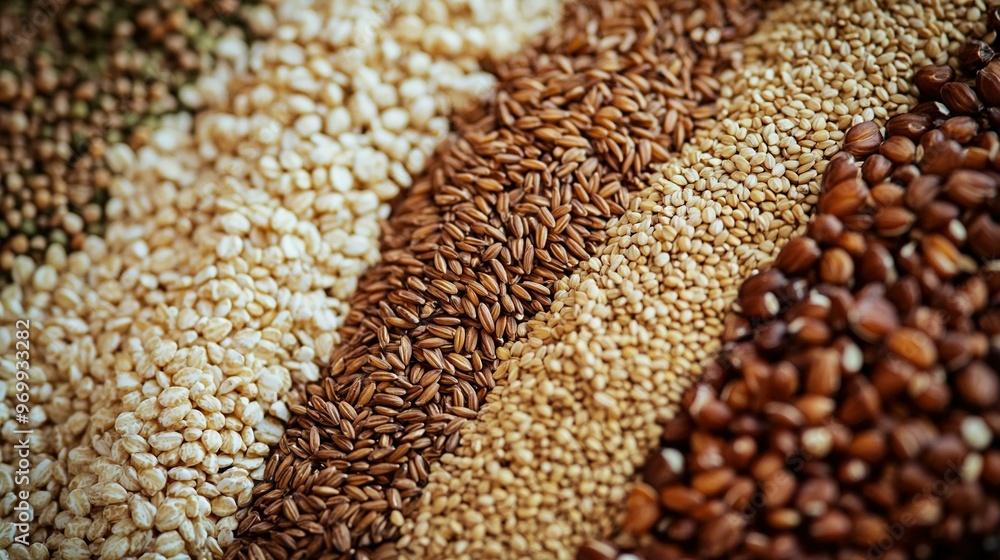 A close-up of grains in various colors, sizes, and shapes on a table A close-up of grains in various colors, sizes, and shapes on a table