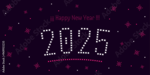 Happy New Year 2025 with neon lights and stars