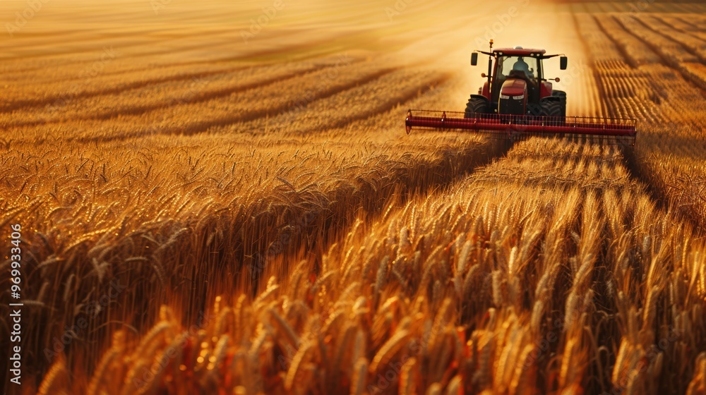 Fototapeta premium Tractor harvesting wheat in a golden field during sunset