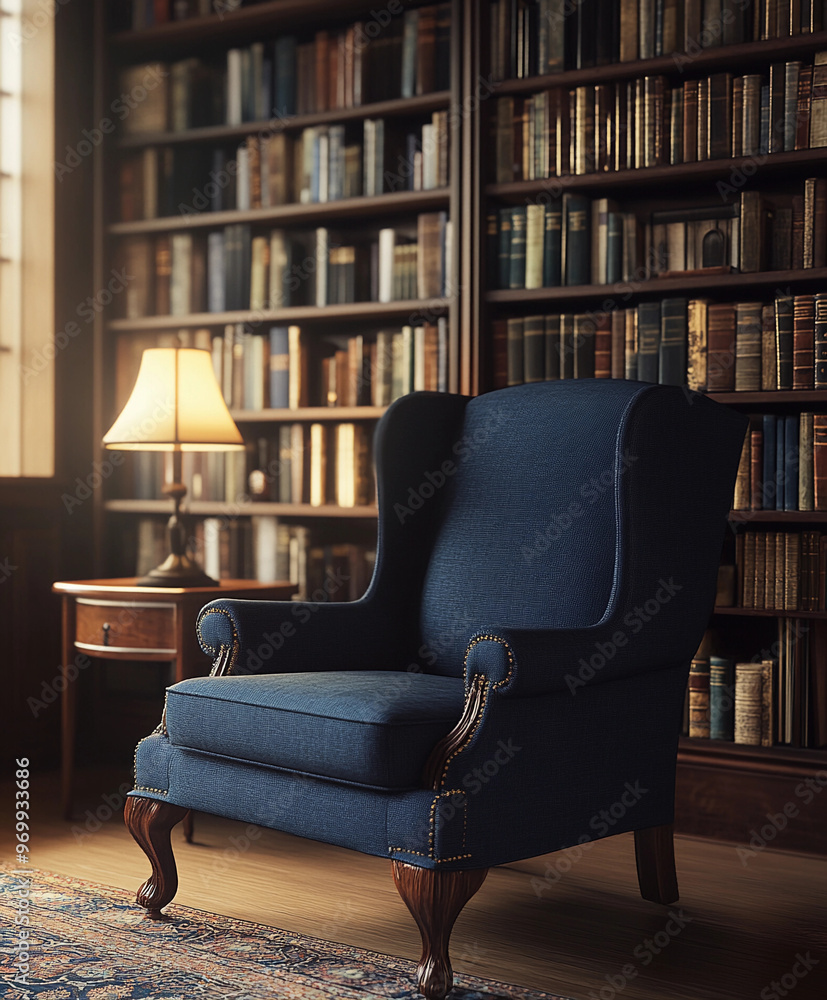 wingback chair, navy blue linen fabric with wooden clawfoot legs, placed beside a large bookshelf filled with vintage books wingback chair, navy blue linen fabric with wooden clawfoot legs, placed beside a large bookshelf filled with vintage books