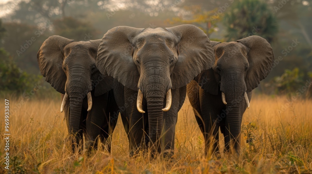 Fototapeta premium Three majestic elephants standing together in the savannah at dawn under a golden sky