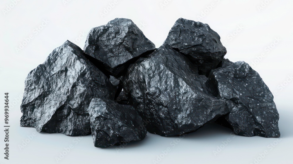 A group of five dark, rough, and textured rocks isolated on a white background. A group of five dark, rough, and textured rocks isolated on a white background.