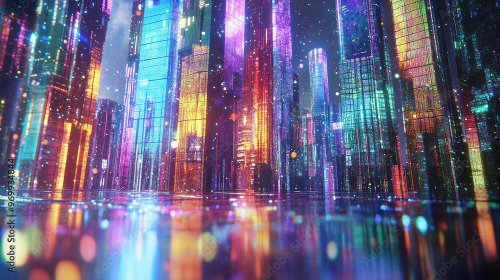 Futuristic Cityscape with Glowing Towers and Sparkling Reflections Futuristic Cityscape with Glowing Towers and Sparkling Reflections