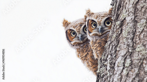 Two curious owls with wide eyes peering around the side of a tree, set against a blank white background.