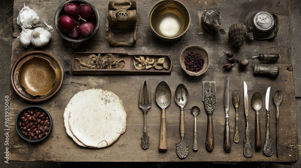Antique Table Setting with Assorted Items Antique Table Setting with Assorted Items
