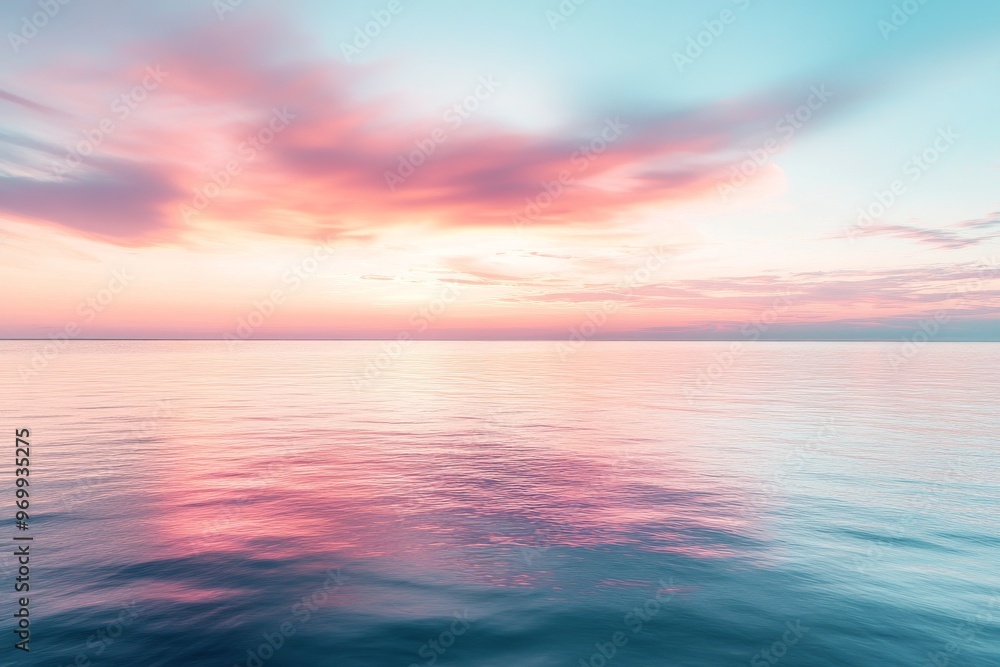 Naklejka premium Sunset Over Calm Ocean Waters During Twilight, Creating a Serene Atmosphere at Dusk