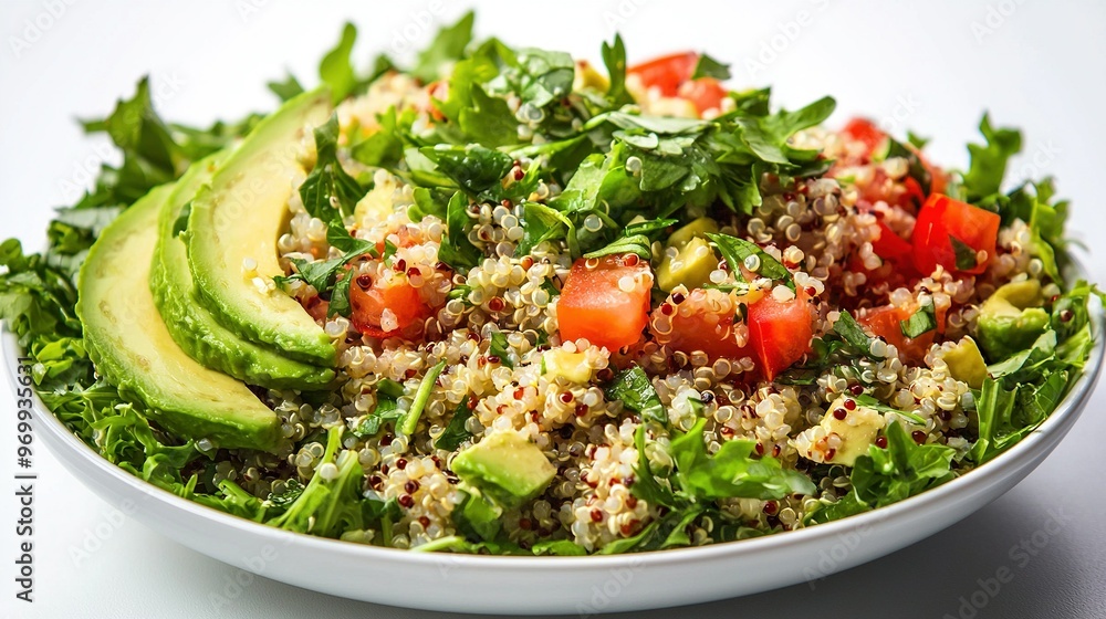 A fresh salad featuring ripe avocado, juicy tomatoes, crisp lettuce, and cooked quinoa arranged in a white bowl A fresh salad featuring ripe avocado, juicy tomatoes, crisp lettuce, and cooked quinoa arranged in a white bowl