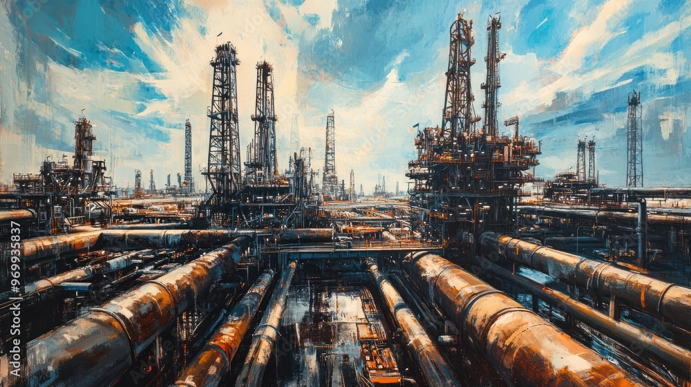 Fototapeta premium A Digital Painting of a Large Industrial Complex with Multiple Towers and Pipelines
