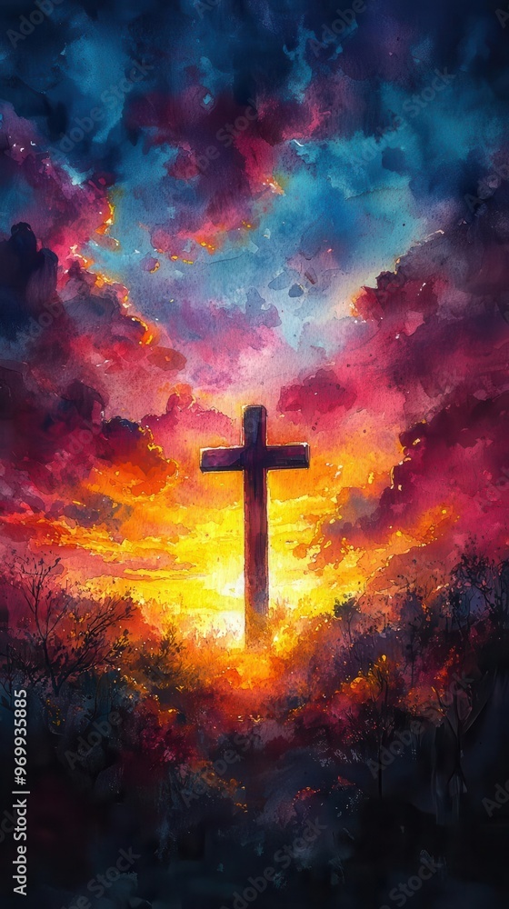 ethereal watercolor painting of a glowing cross silhouette against a vibrant sunset sky wispy clouds infused with golden light evoking spiritual transcendence ethereal watercolor painting of a glowing cross silhouette against a vibrant sunset sky wispy clouds infused with golden light evoking spiritual transcendence