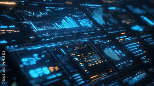 Futuristic Blue and Orange Digital Interface with Charts and Graphs