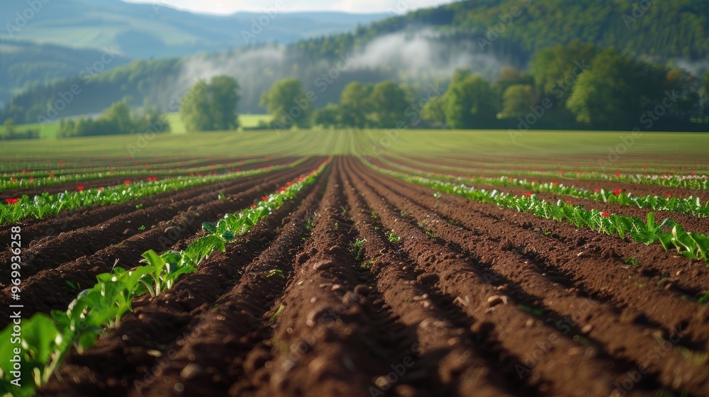 Rows of fresh crops thriving in a lush green field on a sunny day, surrounded by hills and trees Rows of fresh crops thriving in a lush green field on a sunny day, surrounded by hills and trees