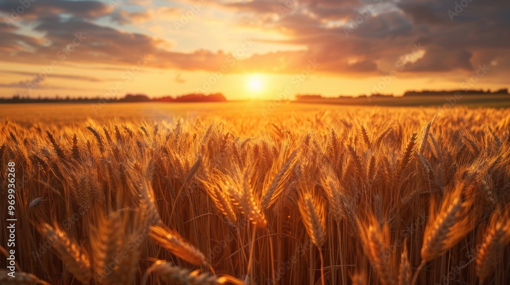 Golden wheat field under a stunning sunset in rural farmland Golden wheat field under a stunning sunset in rural farmland
