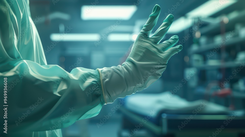 A close-up of a healthcare worker's hand in protective gear, set against a blurred hospital background indicating medical care. A close-up of a healthcare worker's hand in protective gear, set against a blurred hospital background indicating medical care.