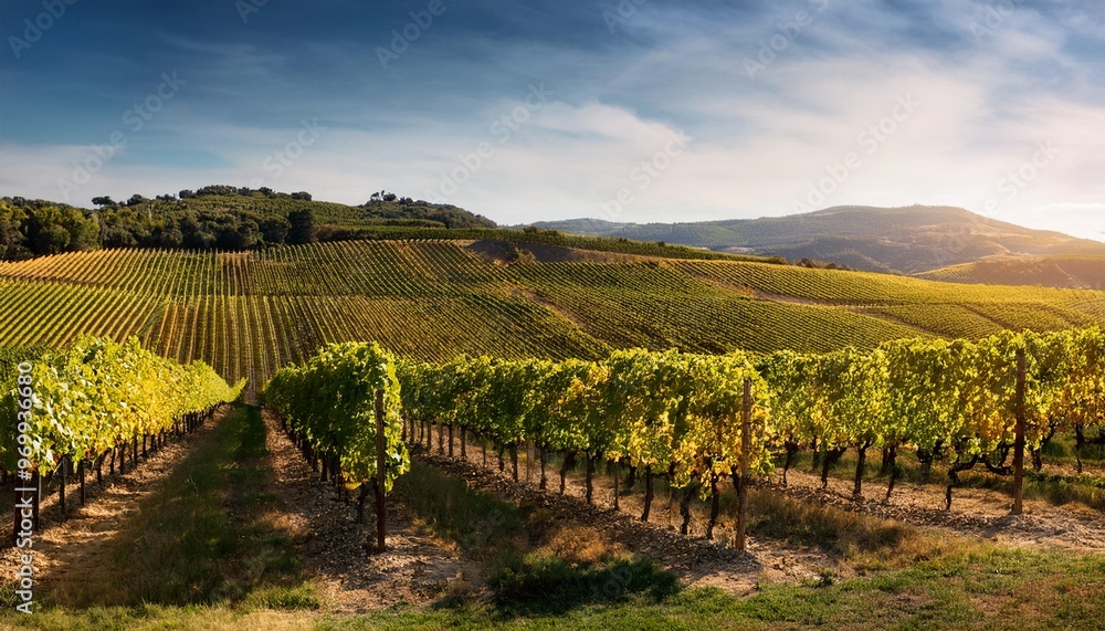 Fototapeta premium Sun-Kissed Vineyard Rows Stretching Across Rolling Hills, a Harvest Paradise