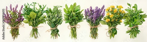 Freshly harvested organic herbs, bunches tied with twine, D illustration photo