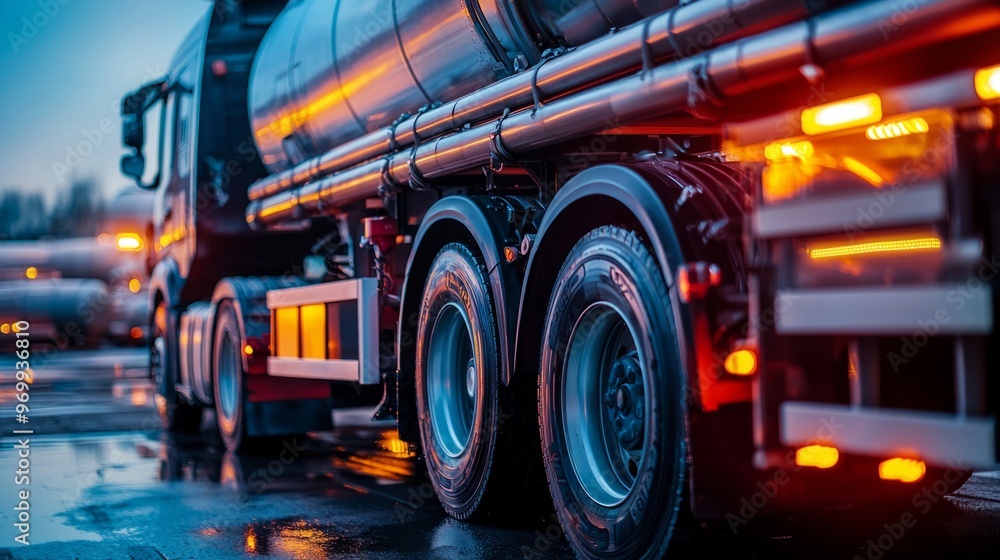 Tanker Truck to transport fuel in industrial petroleum plant. Closeup of fuel truck at oil depot Concept Transportation Fuel Industry Oil Depot Operations Refueling Process Closeup Tanker Truck to transport fuel in industrial petroleum plant. Closeup of fuel truck at oil depot Concept Transportation Fuel Industry Oil Depot Operations Refueling Process Closeup