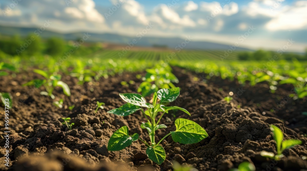 Young green plants sprouting in rich soil on a sunny day in a rural agricultural field Young green plants sprouting in rich soil on a sunny day in a rural agricultural field