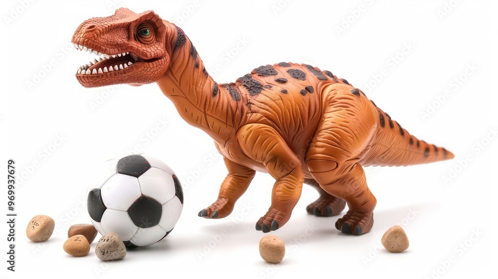 A brown dinosaur toy with a soccer ball and rocks on a white background.