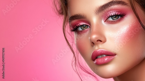 Close-up Portrait of a Woman with Pink Makeup