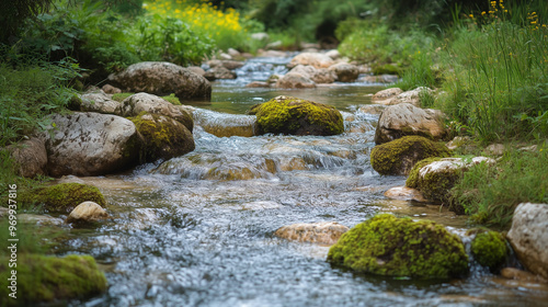 A serene, clear stream flows over moss-covered rocks, surrounded by lush greenery and yellow wildflowers, creating a tranquil natural scene.