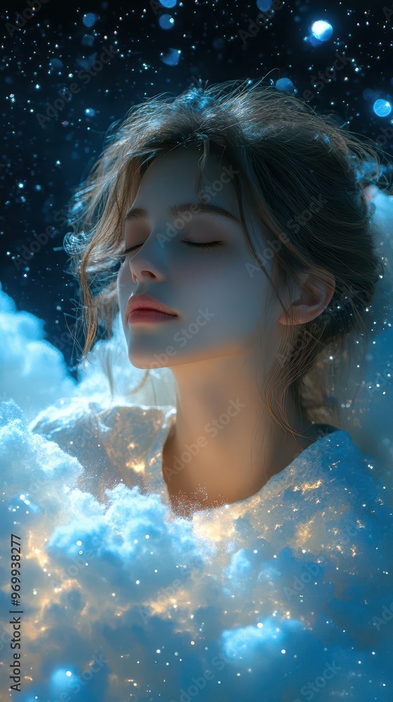ethereal woman slumbering on fluffy cloud high in dreamy night sky stars twinkling soft misty atmosphere pastel colors ethereal woman slumbering on fluffy cloud high in dreamy night sky stars twinkling soft misty atmosphere pastel colors