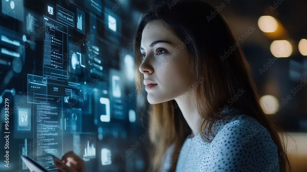 Woman looking at a large screen with a digital interface. Woman looking at a large screen with a digital interface.